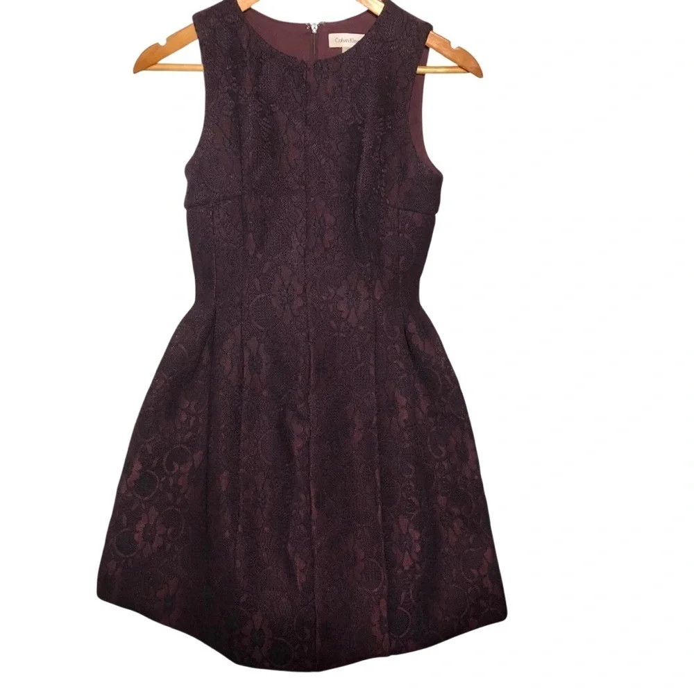 Calvin Klein Lace Overlay Burgundy Dress Sz 2 Fit Flare Cocktail Party Classy